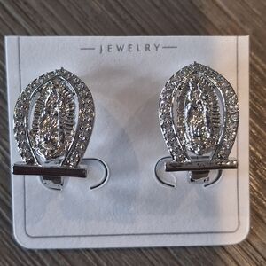 Silver Crystal Religious Stud Earrings - Women's Jewelry